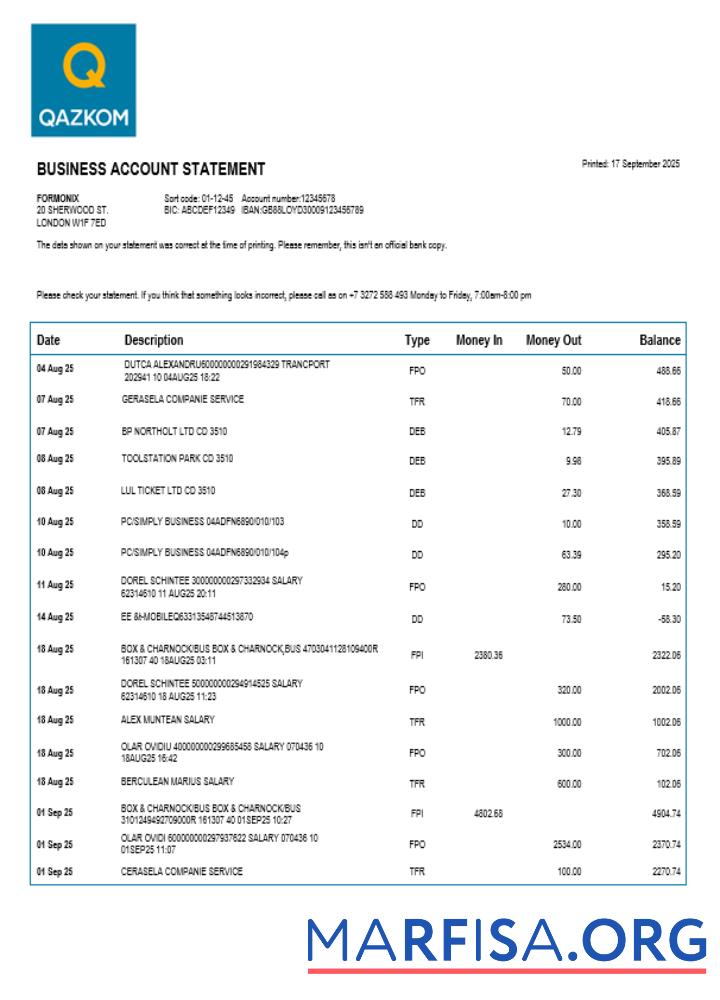 Downloadable Qazkom bank enterprise account statement Word and PDF template